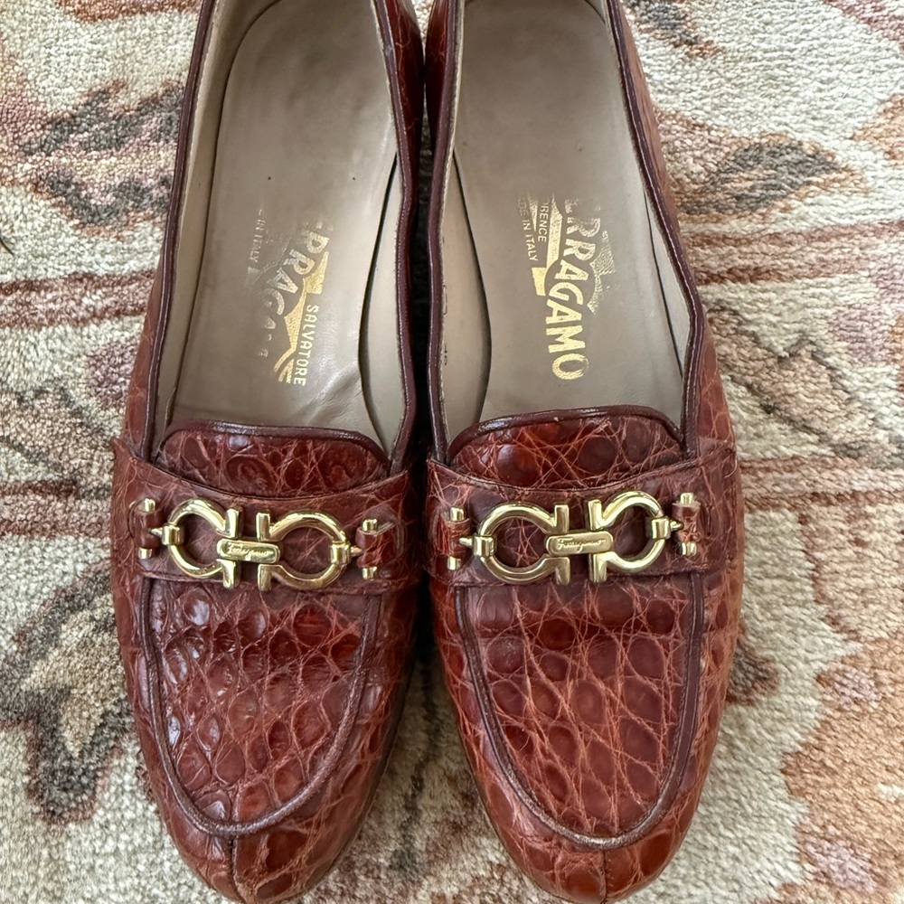 Salvatore Ferragamo Brown Croc-Embossed Leather Loafers with Gold Bit